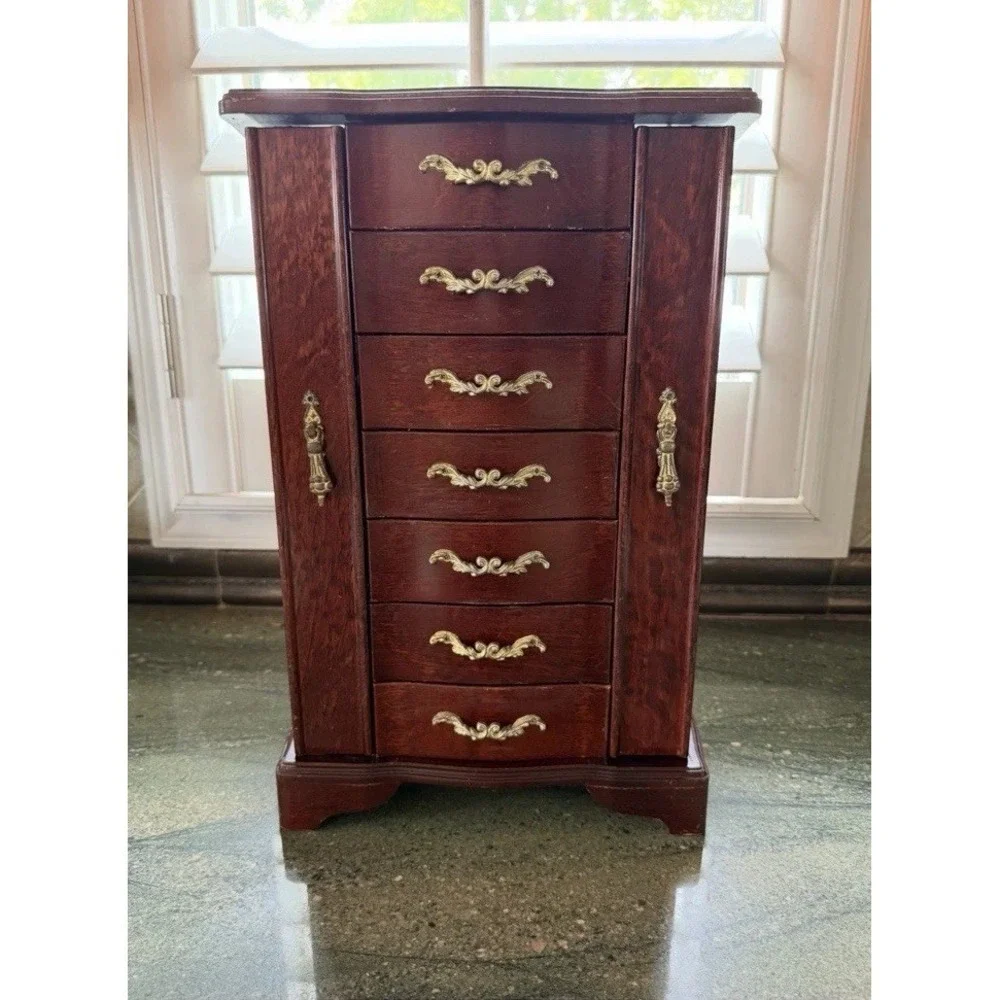 Vintage‎ Wood Jewelry Box 7 Drawer Two Doors...